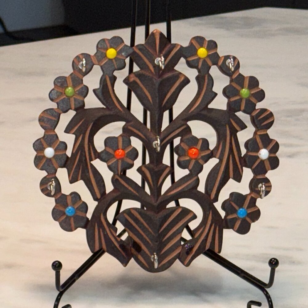Vintage Carved Wood Key Holder Inlayed Stones